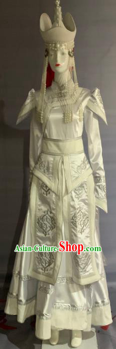 Chinese Mongolian Ethnic Wedding Garment Costume Mongol Nationality Bride Clothing Minority Folk Dance White Dress Uniforms and Hat