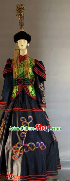 Chinese Minority Folk Dance Navy Dress Uniforms Mongolian Ethnic Wedding Garment Costume Mongol Nationality Festival Clothing and Headwear