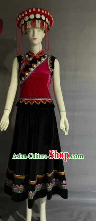 Chinese Lisu Nationality Female Clothing Minority Folk Dance Black Velvet Dress Uniforms Guangxi Ethnic Performance Garment Costume and Tassel Headwear