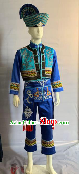 China Ethnic Male Stage Performance Garment Costumes Traditional Yi Nationality Torch Festival Clothing and Hat