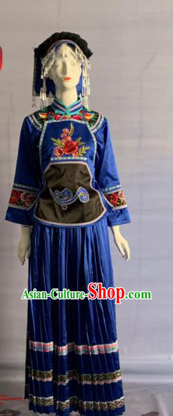 Chinese Bouyei Nationality Festival Clothing Puyi Minority Folk Dance Blue Dress Uniforms Guizhou Ethnic Female Garment Costume and Headdress