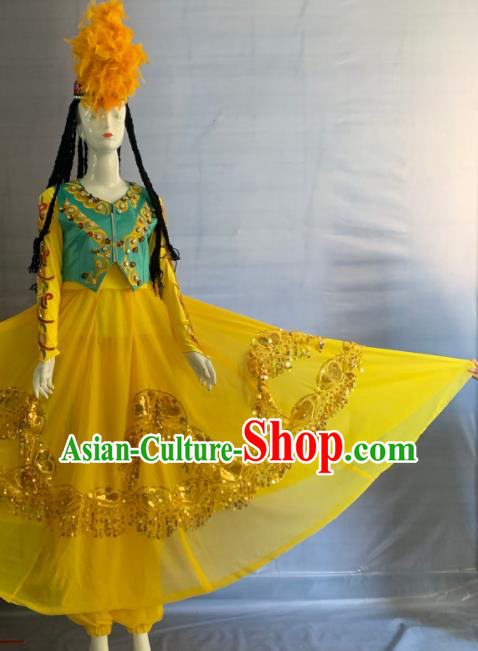 Chinese Uighur Minority Folk Dance Yellow Dress Uniforms Xinjiang Ethnic Female Garment Costume Uyghur Nationality Dance Clothing and Headpiece