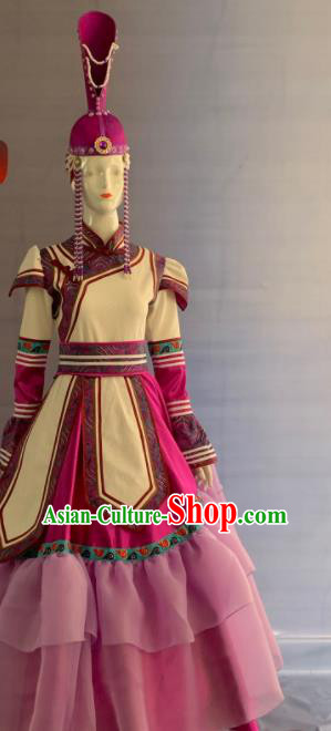 Chinese Mongol Nationality Dance Clothing Mongolian Minority Folk Dance Dress Uniforms Ethnic Wedding Bride Garment Costume and Headdress