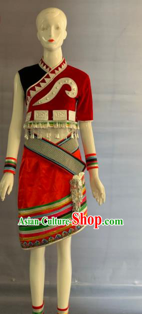 Chinese Wa Nationality Dance Clothing Minority Folk Dance Red Dress Uniforms Yunnan Ethnic Garment Costumes