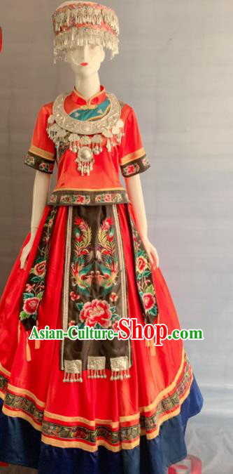 Chinese Miao Nationality Wedding Clothing Hmong Minority Bride Red Dress Uniforms Xiangxi Ethnic Folk Dance Garment Costumes and Silver Hat