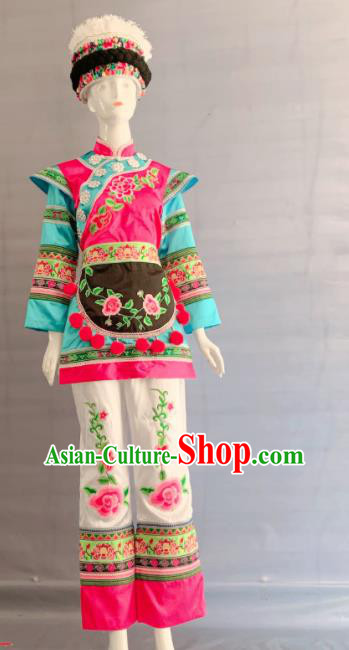 Chinese Bai Nationality Wedding Clothing Minority Woman Embroidered Uniforms Yunnan Ethnic Folk Dance Garment Costumes and Hat