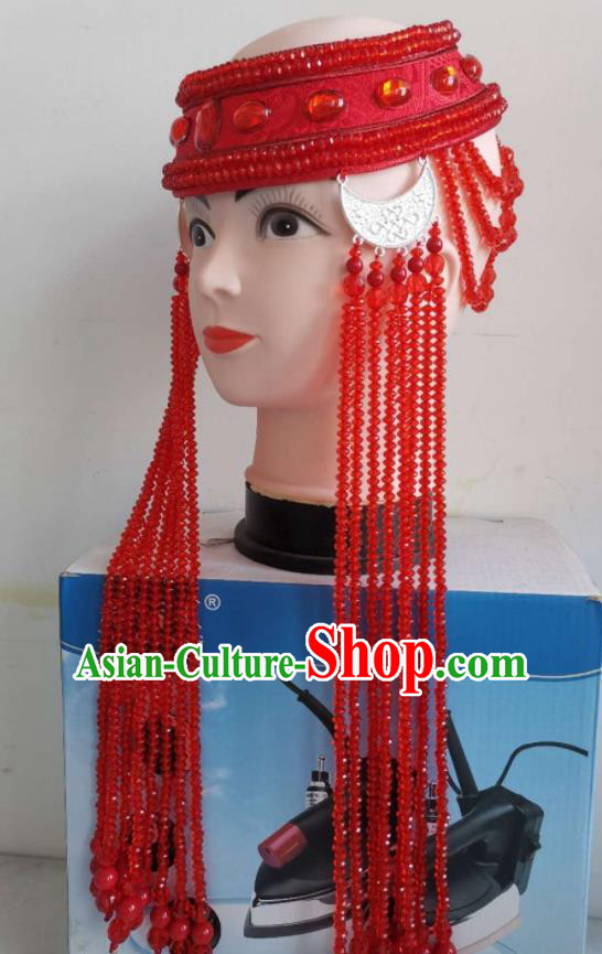 Handmade Chinese Mongol Nationality Dance Headband Mongolian Ethnic Wedding Bride Red Beads Tassel Hat