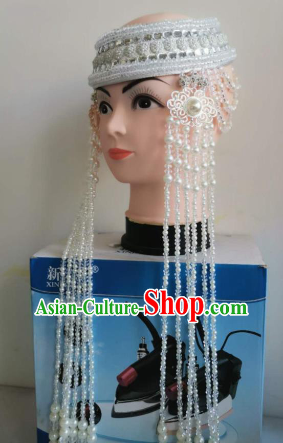 Handmade Chinese Mongolian Ethnic Wedding Bride White Beads Tassel Hat Mongol Nationality Dance Headband