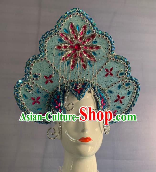 Handmade Russia Folk Dance Headdress Woman Blue Hat Russian Minority Performance Headwear