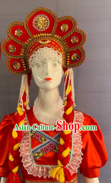 Handmade Russian Minority Performance Headwear Folk Dance Headdress Russia Woman Red Hat