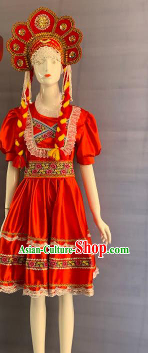 China Eluosi Ethnic Girl Garment Costumes Traditional Xinjiang Nationality Folk Dance Red Dress Clothing and Headwear