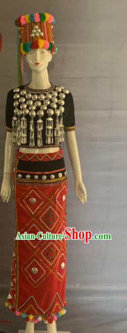 Chinese Jingpo Nationality Woman Clothing Chingpo Minority Folk Dance Dress Uniforms Yunnan Ethnic Bride Garment Costumes and Hat