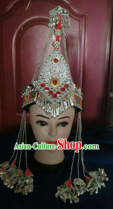 Handmade China Folk Dance Headdress Guangdong Ethnic Wedding Red Hat She Minority Performance Tassel Headwear