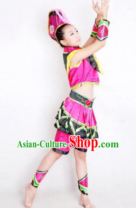 China Ethnic Children Folk Dance Garment Costumes Traditional Yi Nationality Girl Rosy Dress Outfits Clothing and Hair Accessories