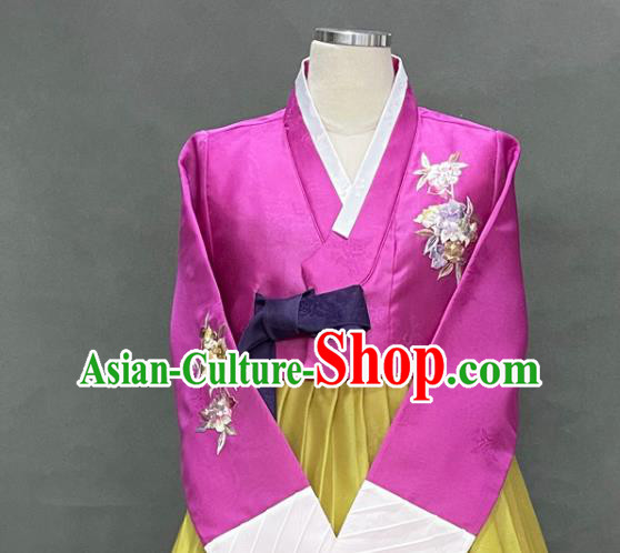 Korean Bride Fashion Embroidered Rosy Blouse and Yellow Dress Traditional Court Hanbok Clothing Classical Wedding Garment Costumes