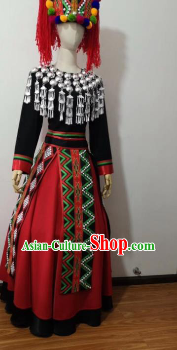 Chinese Jingpo Nationality Wedding Clothing Chingpo Minority Female Dress Uniforms Yunnan Ethnic Bride Garment Costumes and Headwear