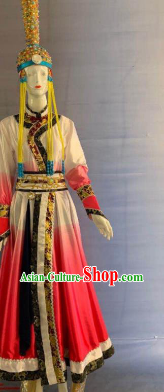 Chinese Mongol Nationality Wedding Clothing Minority Female Rosy Dress Uniforms Mongolian Ethnic Bride Garment Costumes and Hat