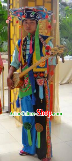 China Bai Ethnic Bridegroom Garment Costumes Traditional Bai Nationality Male Blue Outfits Clothing and Headdress