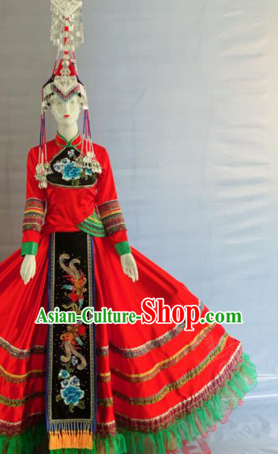 Chinese She Nationality Bride Clothing Minority Wedding Red Dress Uniforms Fujian Ethnic Dance Garment Costumes and Headpiece