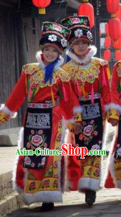Chinese Qiang Nationality Folk Dance Clothing Minority Festival Red Dress Uniforms Sichuan Ethnic Wedding Garment Costumes and Headwear