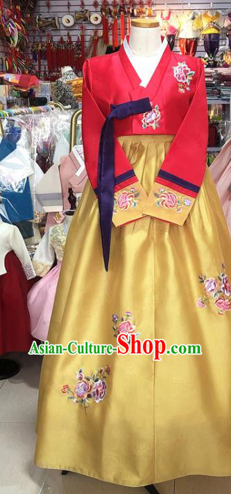 Korean Classical Wedding Garments Bride Fashion Clothing Embroidered Red Blouse and Yellow Dress Traditional Court Hanbok Costume