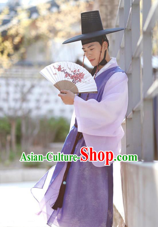 Korea Traditional Bridegroom Costumes Festival Clothing Korean Wedding Hanbok Prince Purple Long Vest Pink Shirt and Khaki Pants