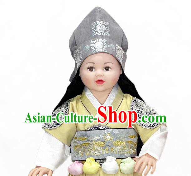 Korean Children Prince Yellow Vest White Shirt and Grey Pants Traditional Boy Birthday Hanbok Court Fashion Costumes