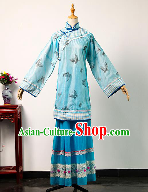 China Ancient Young Lady Printing Butterfly Blue Blouse and Skirt Qing Dynasty Garments Traditional Drama Da Zhai Men Rich Mistress Clothing
