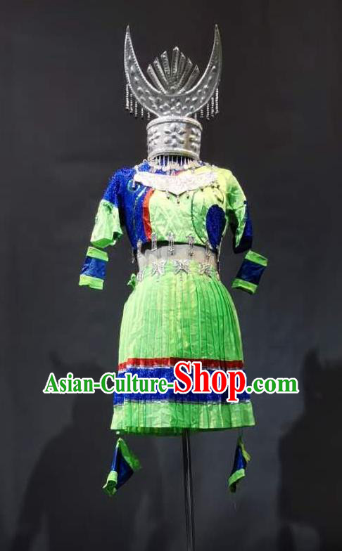 Chinese Hmong Minority Stage Performance Clothing Miao Nationality Female Green Dress Xiangxi Ethnic Folk Dance Garment Costumes