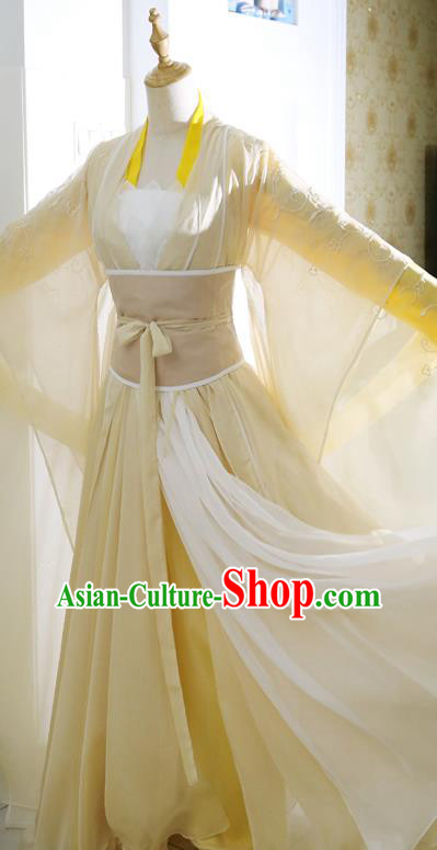 China Ancient Fairy Yellow Hanfu Dress Ming Dynasty Swordswoman Garments Traditional Drama The Heaven Sword and Dragon Saber Cosplay Clothing