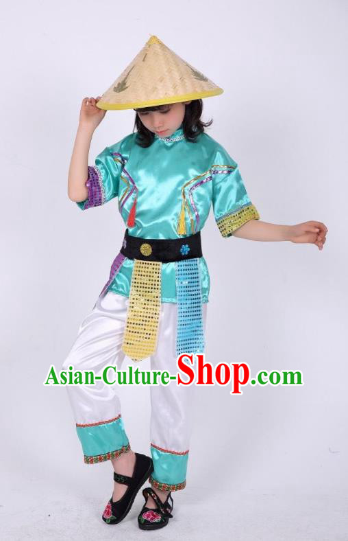 China Ethnic Garment Costumes Maonan Nationality Children Folk Dance Uniforms and Bamboo Hat