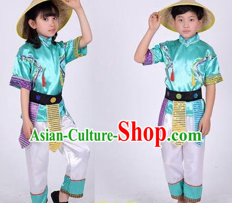 China Ethnic Garment Costumes Maonan Nationality Children Folk Dance Uniforms and Bamboo Hat