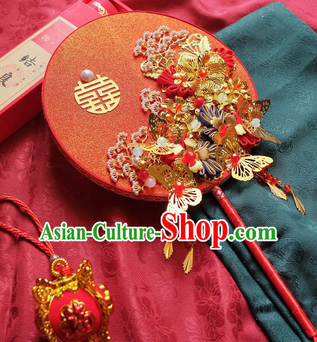 China Traditional Wedding Red Fan Bride Tassel Palace Fan Classical Dance Circular Fan Handmade Golden Butterfly Silk Fan