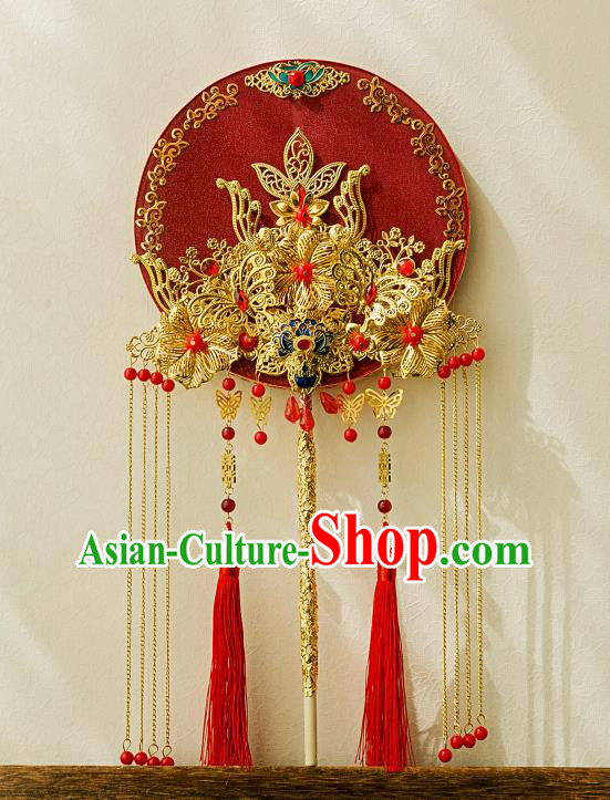 China Classical Dance Golden Tassel Fan Handmade Silk Circular Fan Traditional Wedding Red Fan Bride Palace Fan