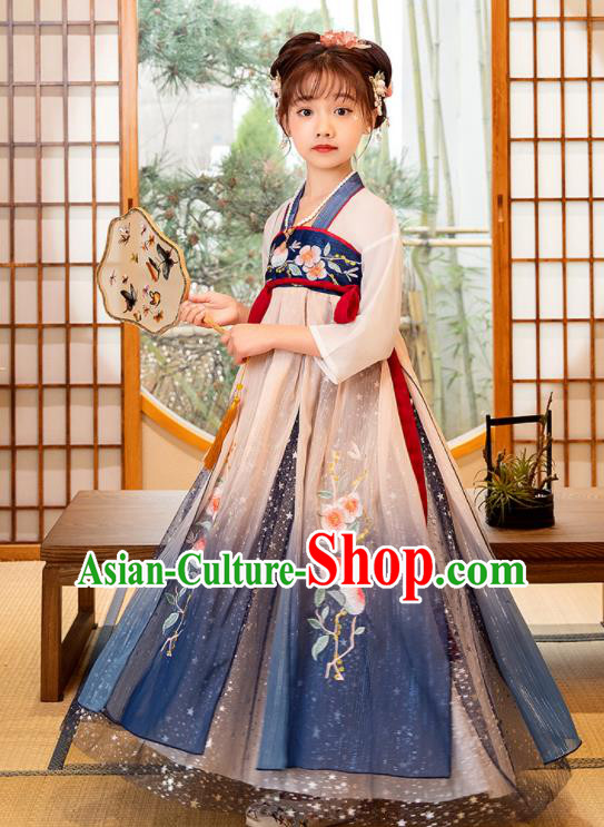 Chinese Children Performance Clothing Traditional Blue Hanfu Dress Ancient Tang Dynasty Princess Garment