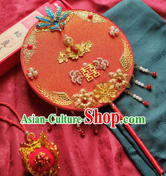 China Bride Palace Fan Classical Dance Circular Fan Handmade Red Silk Fan Traditional Wedding Fan