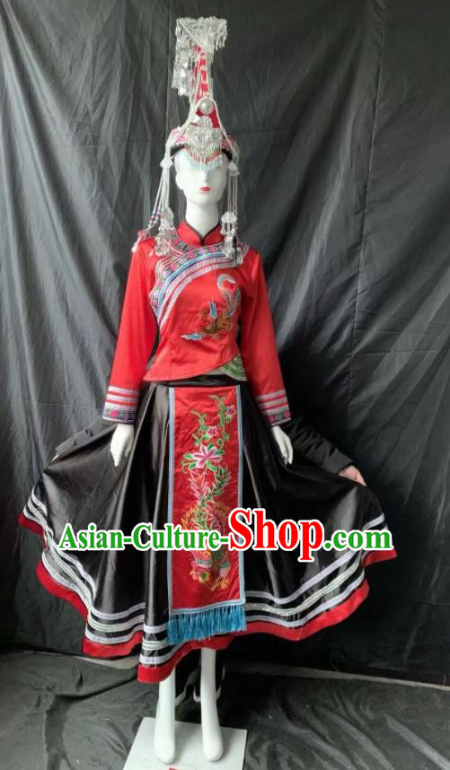 Chinese She Nationality Bride Clothing Minority Woman Wedding Red Dress Uniforms Guangdong Ethnic Garment Costumes and Hair Accessories