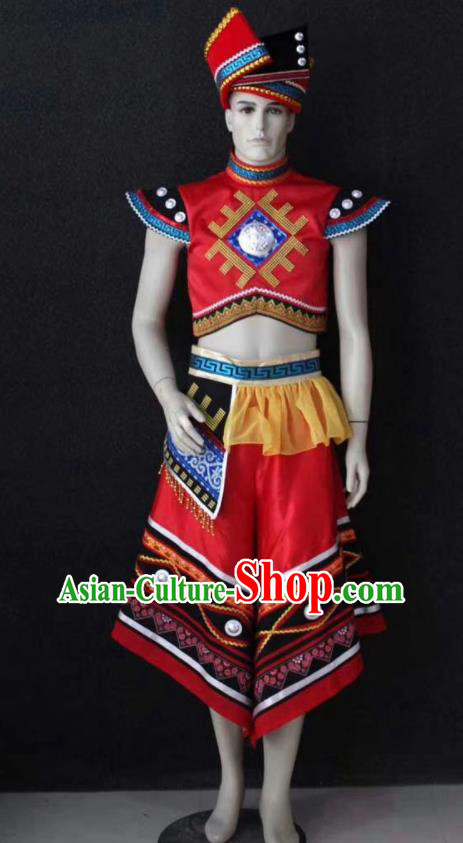 China Traditional Zhuang Nationality Young Male Red Outfits Wedding Clothing Guangxi Ethnic Bridegroom Garment Costumes and Headwear