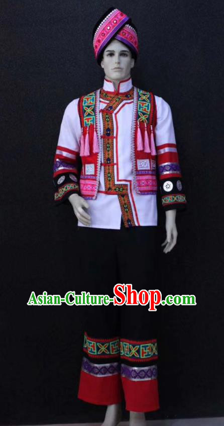 China Traditional Zhuang Nationality Folk Dance Outfits Clothing Guangxi Ethnic Bridegroom Wedding Garment Costumes and Headpiece
