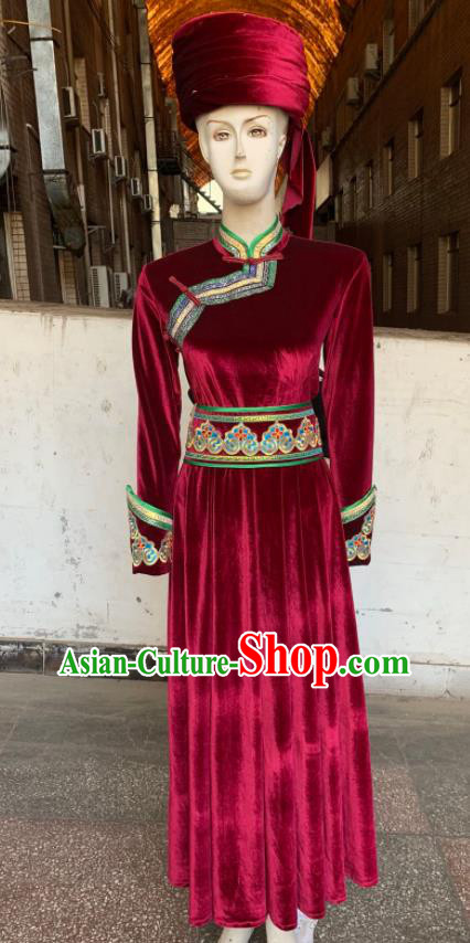 Chinese Mongol Nationality Performance Clothing Mongolian Minority Woman Wine Red Velvet Dress Uniforms Ethnic Folk Dance Garment Costumes and Hat