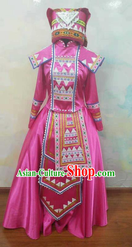 Chinese Yi Nationality Performance Clothing Minority Woman Rosy Dress Uniforms Sichuan Ethnic Festival Dance Garment Costumes and Headdress