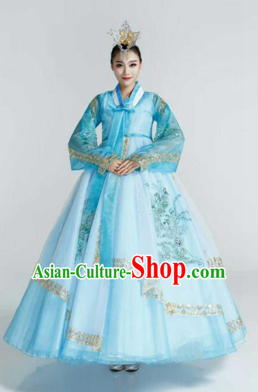 Korea Folk Dance Blue Dress Korean Bride Palace Hanbok Clothing Traditional Garment Costumes