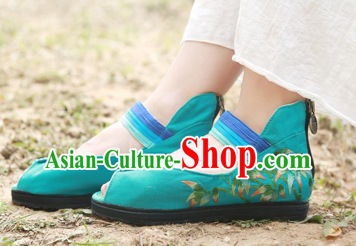 Handmade China Green Canvas Shoes National Folk Dance Sandal Shoes Embroidered Bamboo Plimsolls Shoes