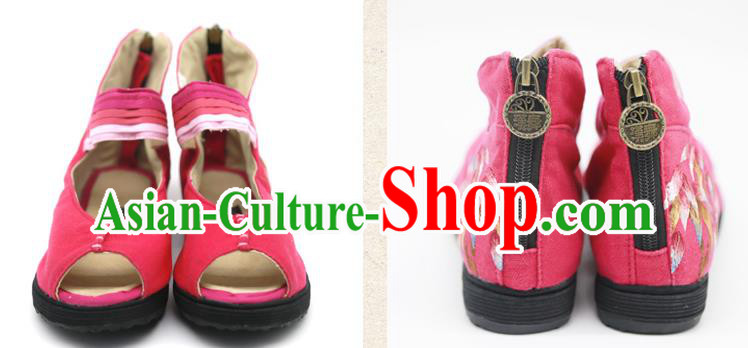 China National Folk Dance Sandal Shoes Embroidered Bamboo Plimsolls Shoes Handmade Rosy Canvas Shoes