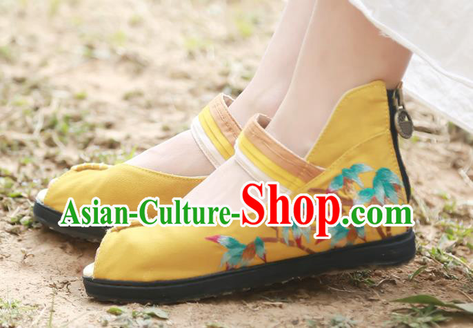 China Embroidered Bamboo Plimsolls Shoes Handmade Yellow Canvas Shoes National Folk Dance Sandal Shoes