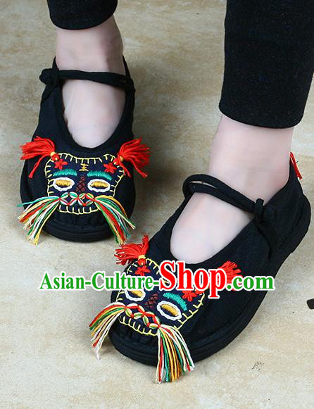 China National Folk Dance Cloth Shoes Embroidered Tiger Head Shoes Handmade Black Canvas Shoes
