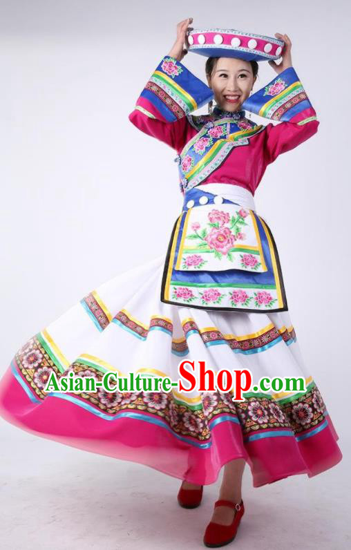 Chinese Pumi Nationality Clothing Minority Woman Festival Dress Uniforms Yunnan Ethnic Wedding Garment Costumes and Hat