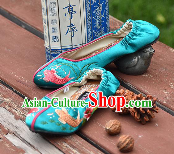 China Handmade Satin Shoes Woman Green Brocade Shoes National Folk Dance Shoes Embroidered Lotus Fish Shoes