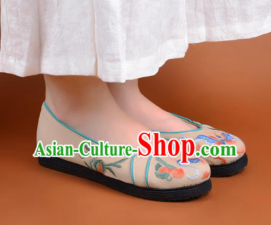 China Embroidered Butterfly Shoes Handmade Cloth Shoes Folk Dance Apricot Canvas Shoes National Woman Shoes