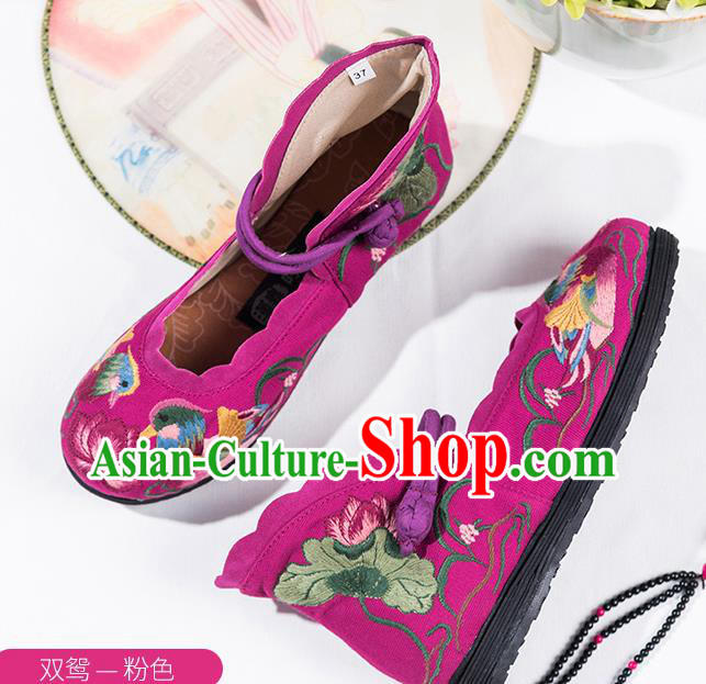 China Handmade Old Beijing Cloth Shoes Folk Dance Purple Canvas Shoes National Female Shoes Embroidered Mandarin Duck Lotus Shoes